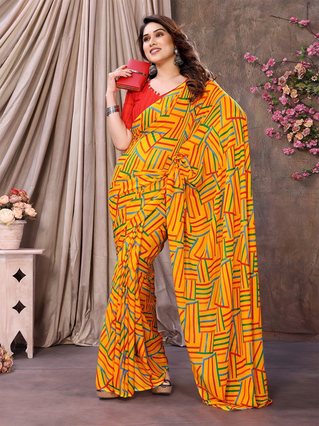 

The Textile Hub Striped Saree with Blouse, Yellow