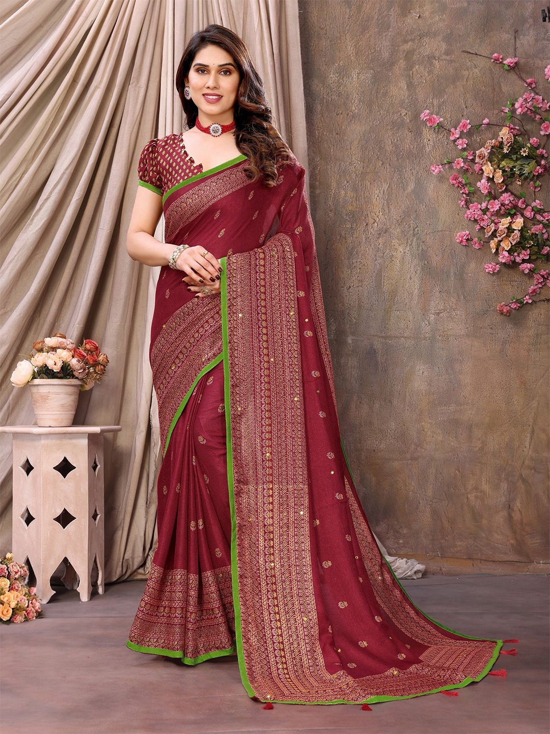 

The Textile Hub Ethnic Motifs Mirror Work Tassel Saree, Maroon