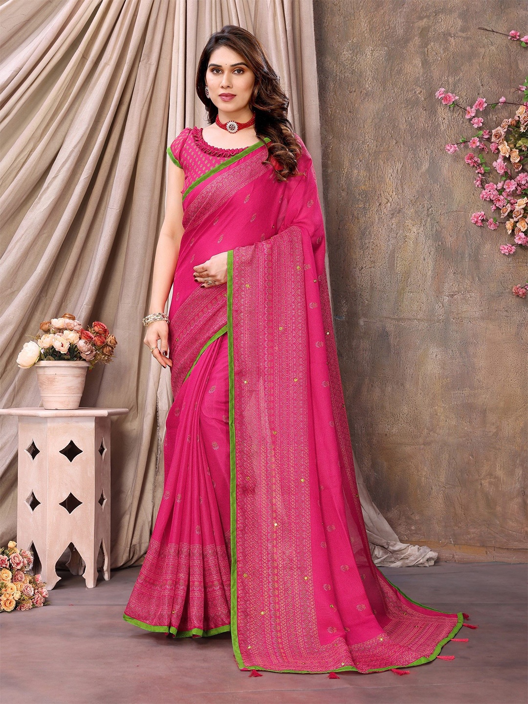 

The Textile Hub Ethnic Motifs Mirror Work Tassel Saree, Pink