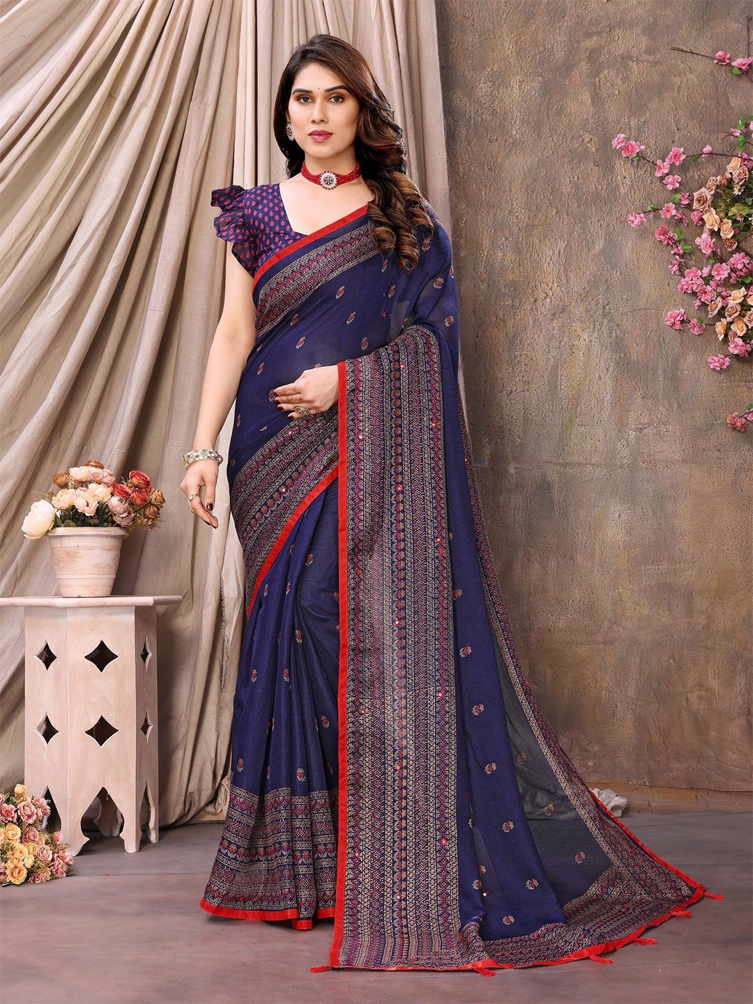 The Textile Hub Ethnic Motifs Mirror Work Tassel Saree, Navy blue