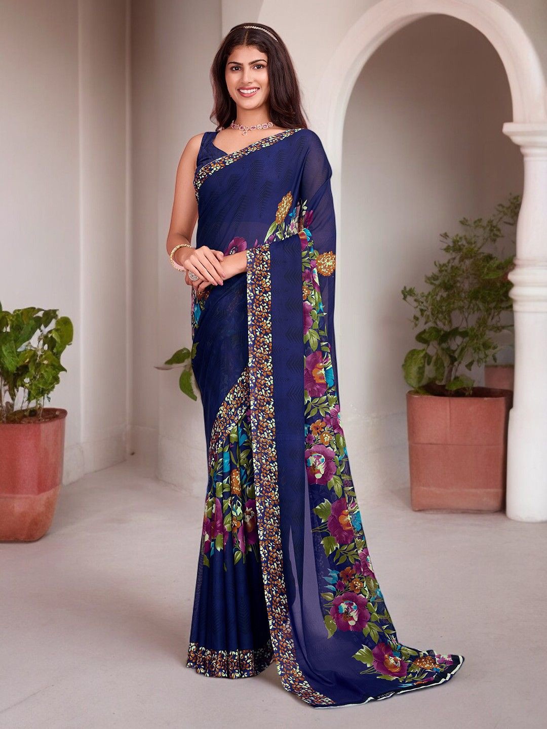 The Textile Hub Floral Printed Border Saree, Navy blue
