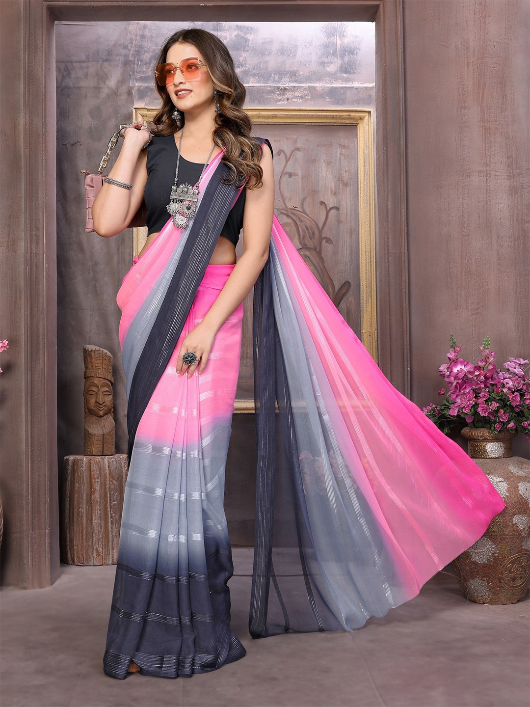 

The Textile Hub Striped No Border Saree, Black