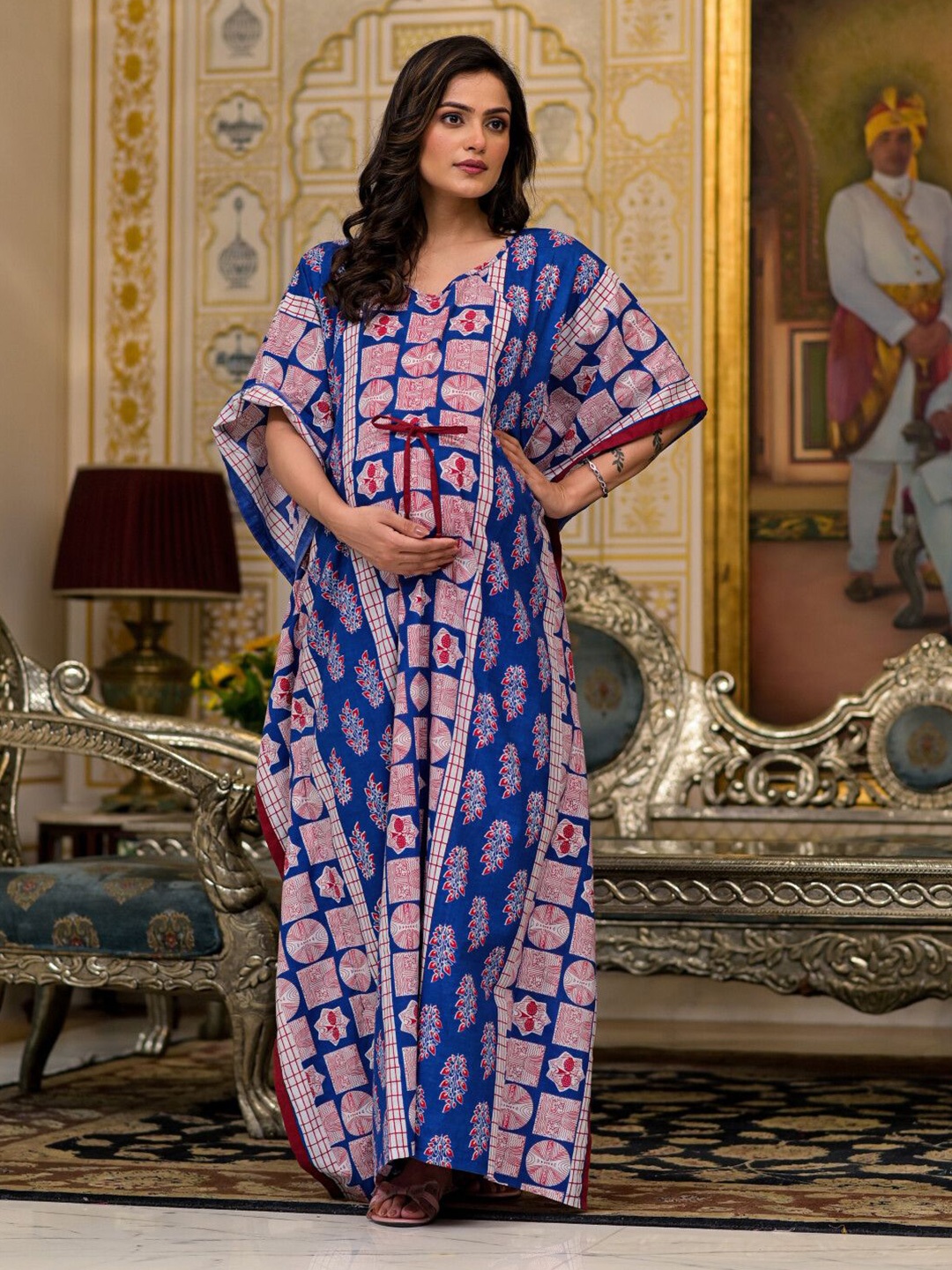 

Aujjessa Ethnic Motifs Print Flared Sleeve Maternity Kaftan Maxi Dress, Blue