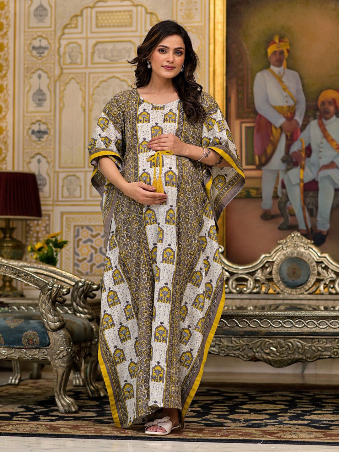 

Aujjessa Ethnic Motifs Print Flared Sleeve Maternity Kaftan Maxi Dress, Mustard