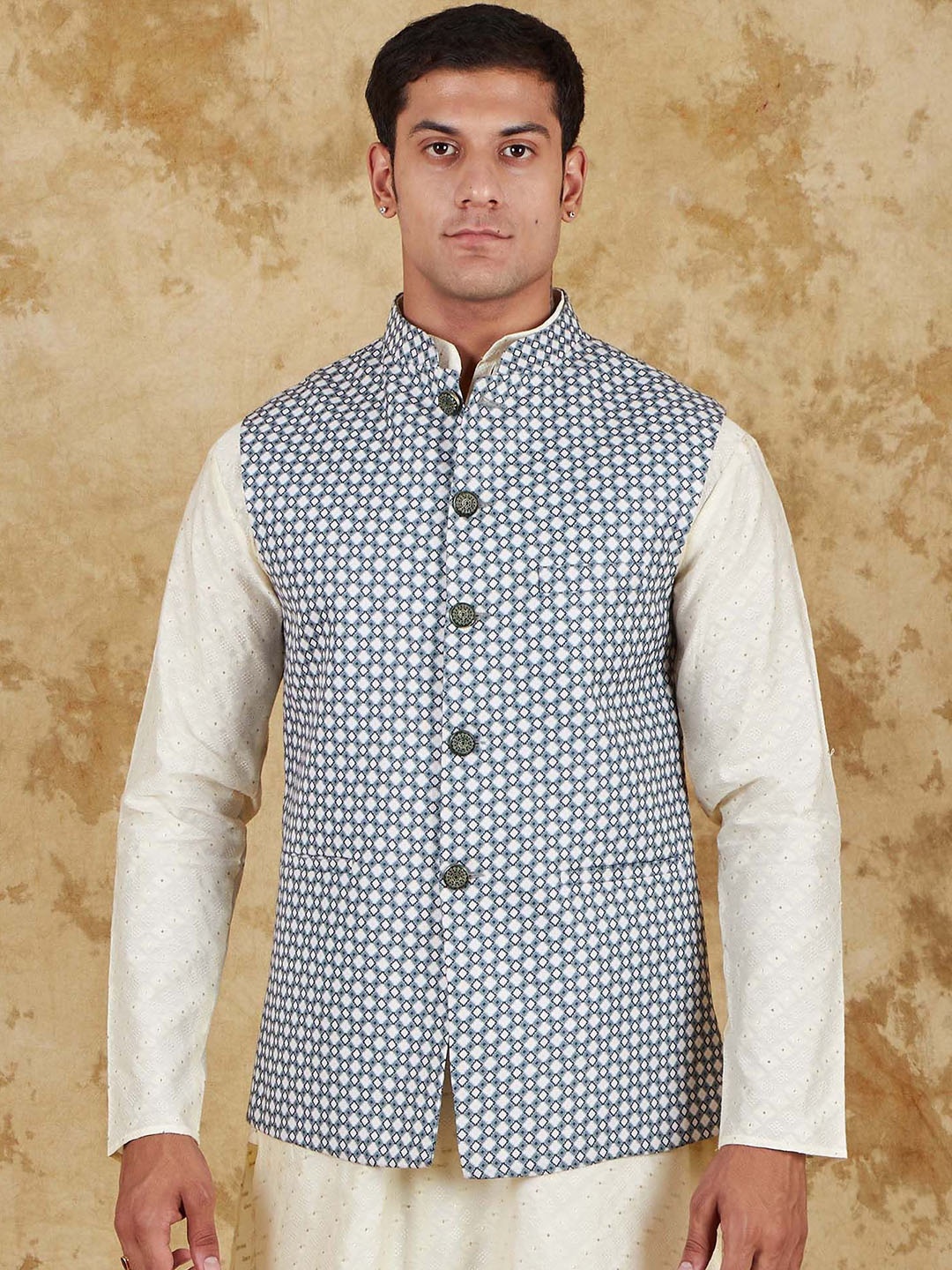

BLUESAANCHI Waistcoat Printed men's Nehru Jackets, Blue