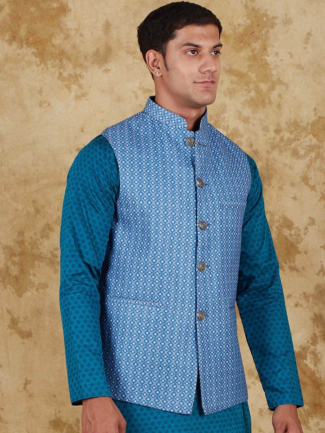 

BLUESAANCHI Printed Waistcoat Blue for men's Nehru Jacket