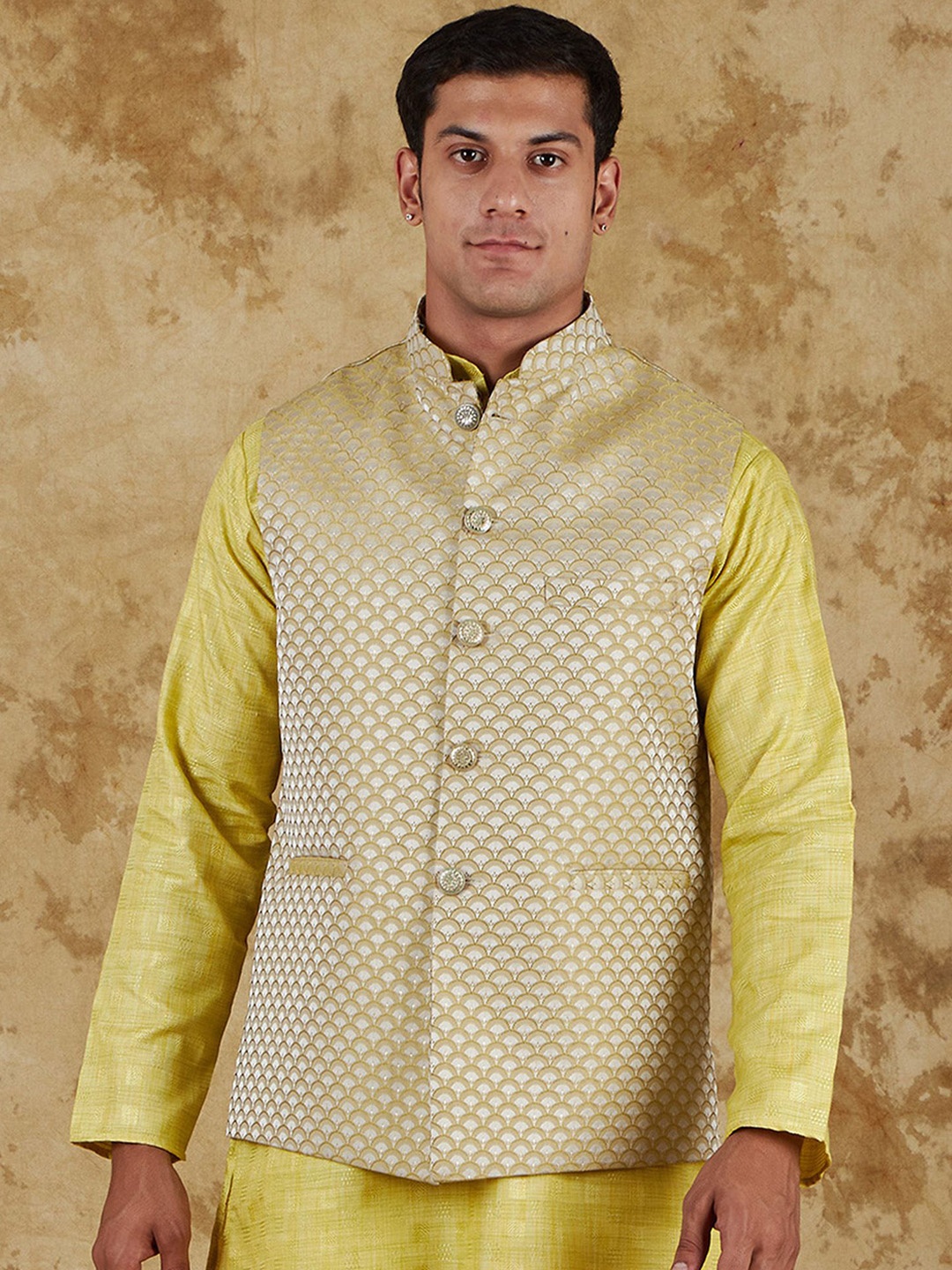 

BLUESAANCHI Woven-Design Waistcoat citron for men's Nehru Jackets, Yellow