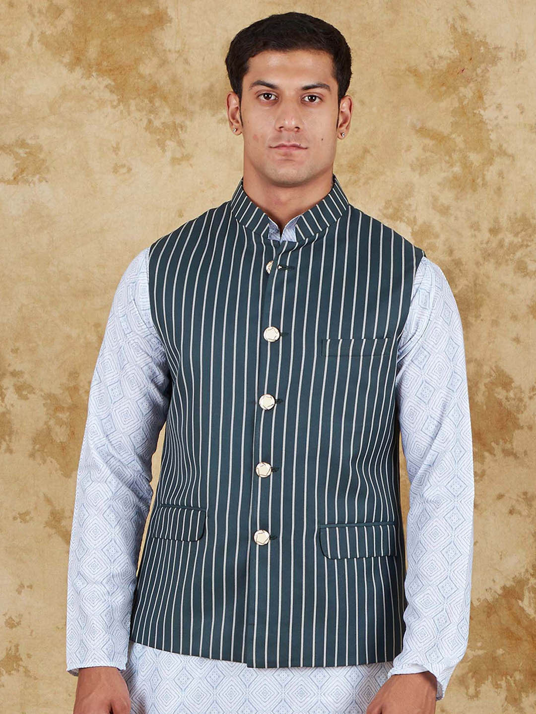 

BLUESAANCHI Striped Sleeveless Waistcoat dark slate grey for men's Nehru Jackets