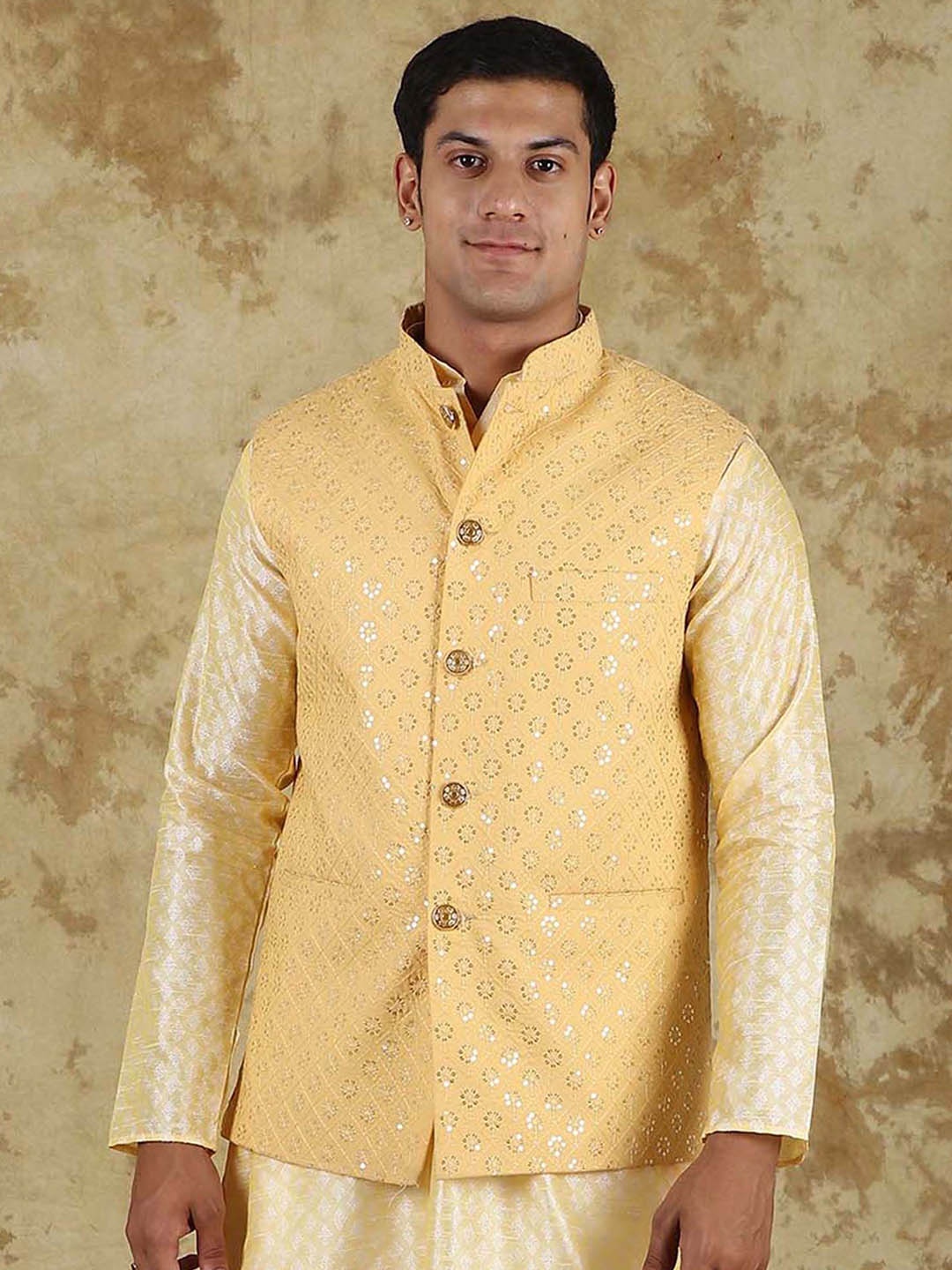 

BLUESAANCHI Woven Design Waistcoat mango for men's Nehru Jacket, Yellow