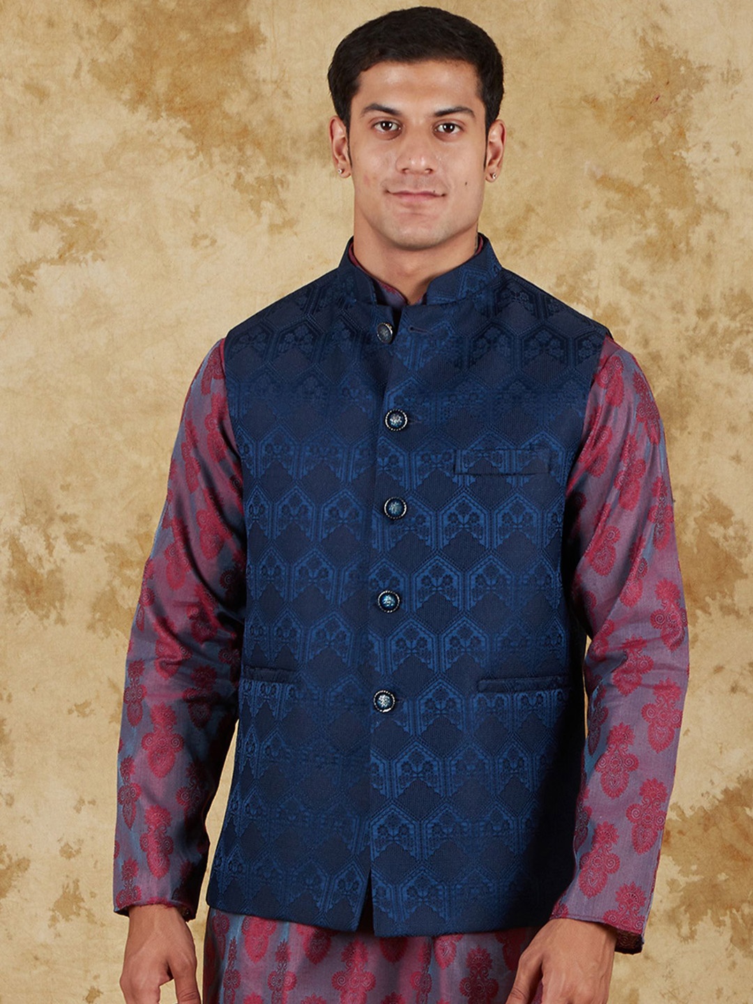 

BLUESAANCHI Woven-Design Jacquard Waistcoat Nehru Jackets, Blue