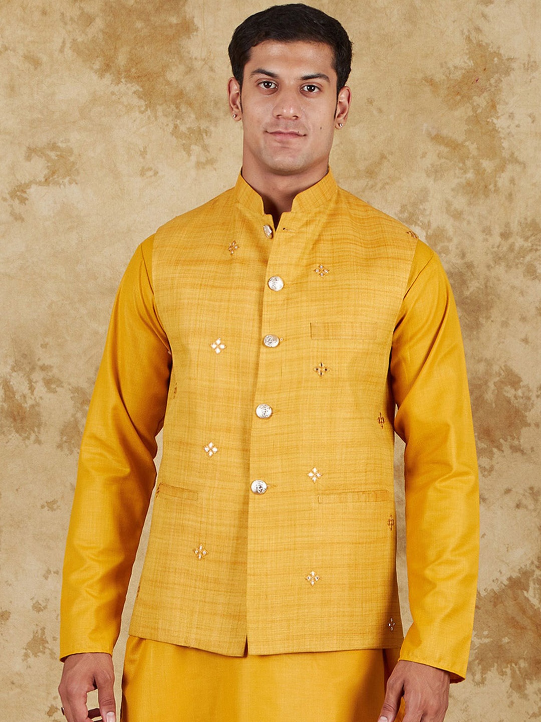 

BLUESAANCHI Striped Waistcoat Nehru Jackets, Yellow