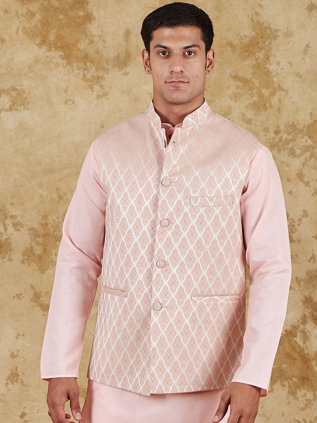 

BLUESAANCHI Printed Woven Jacquard Waistcoat rosy for men's Nehru Jacket, Pink