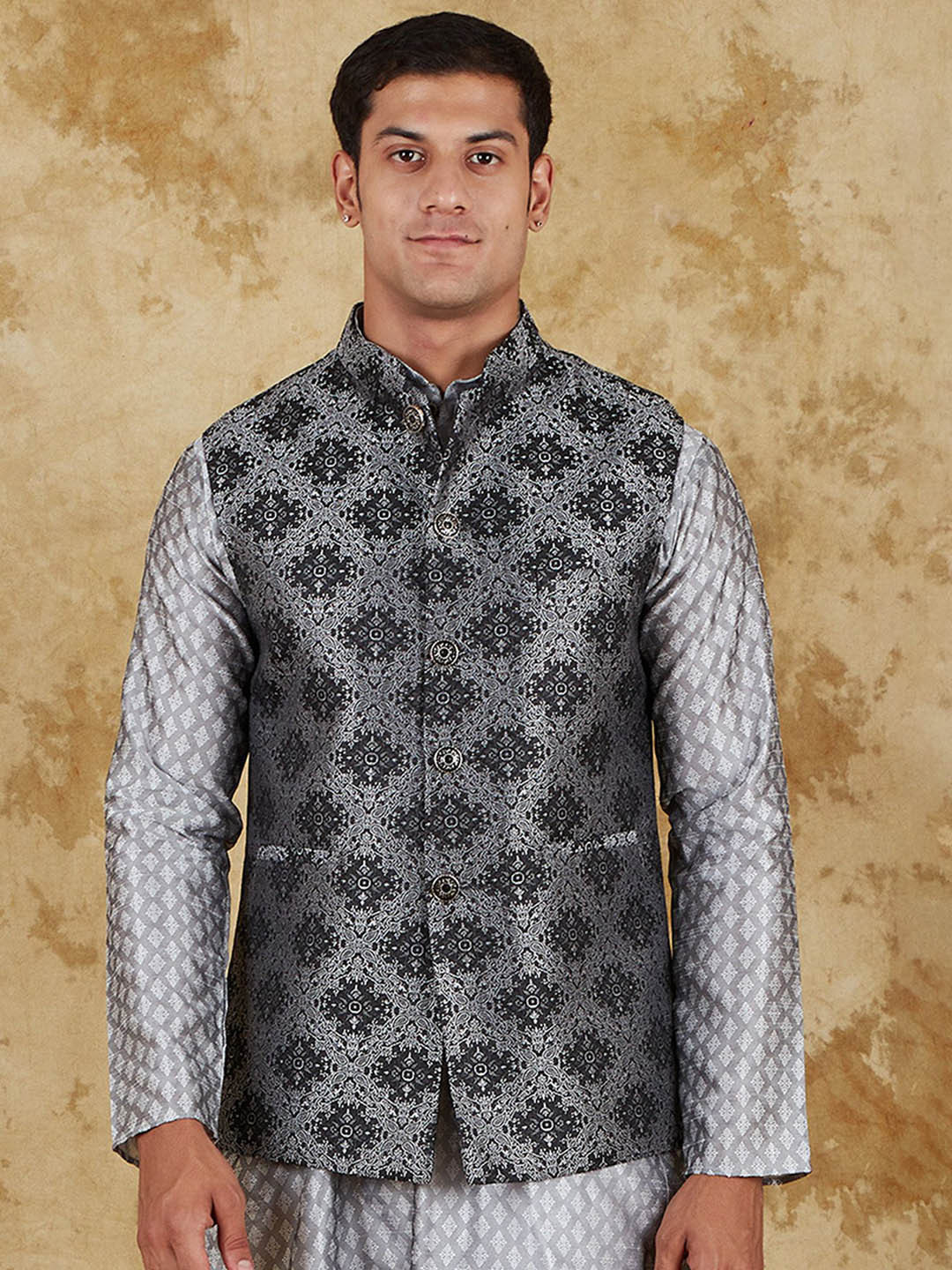 

BLUESAANCHI Printed Jacquard Waistcoat grey for men's Nehru Jackets