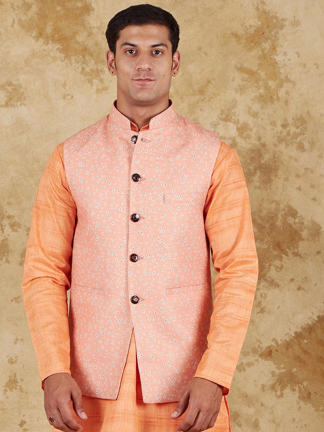 

BLUESAANCHI Printed Satin Waistcoat Nehru Jackets, Coral