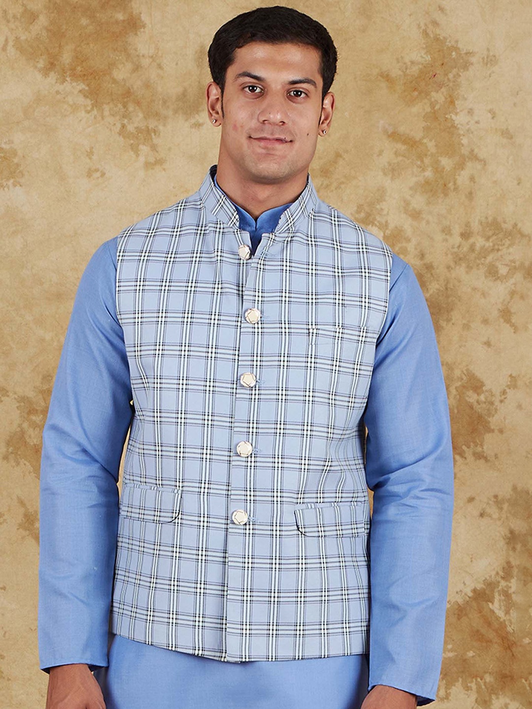 

BLUESAANCHI Checked Waistcoat uranianblue for men's Nehru Jacket, Blue
