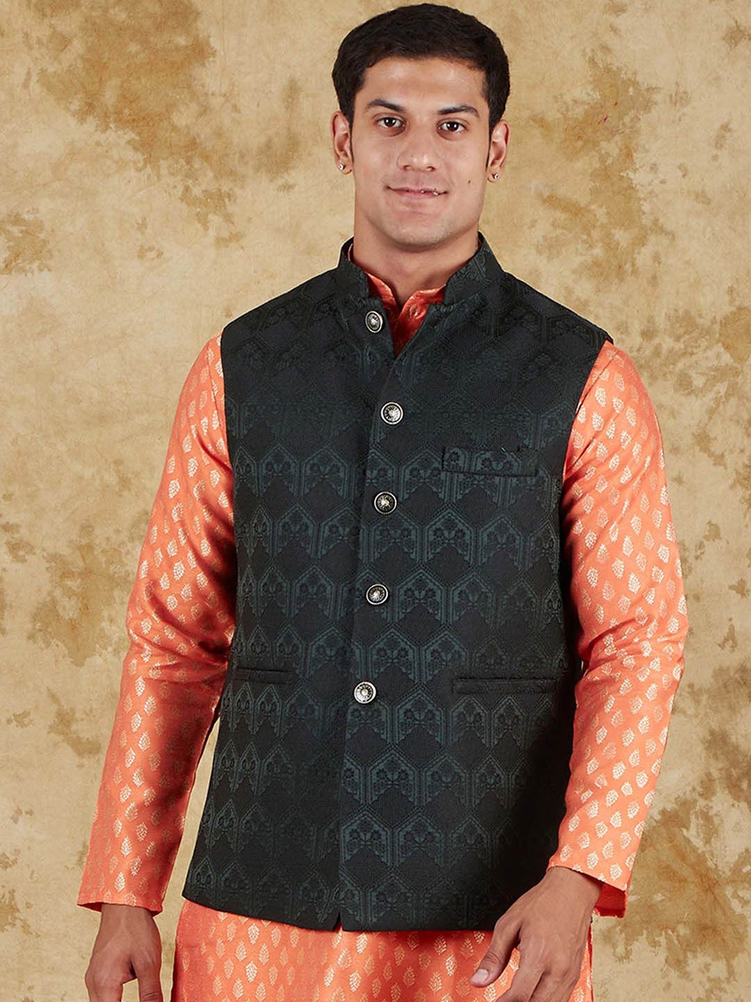 

BLUESAANCHI Woven Design Jacquard Waistcoat orange for men's Nehru Jackets, Black