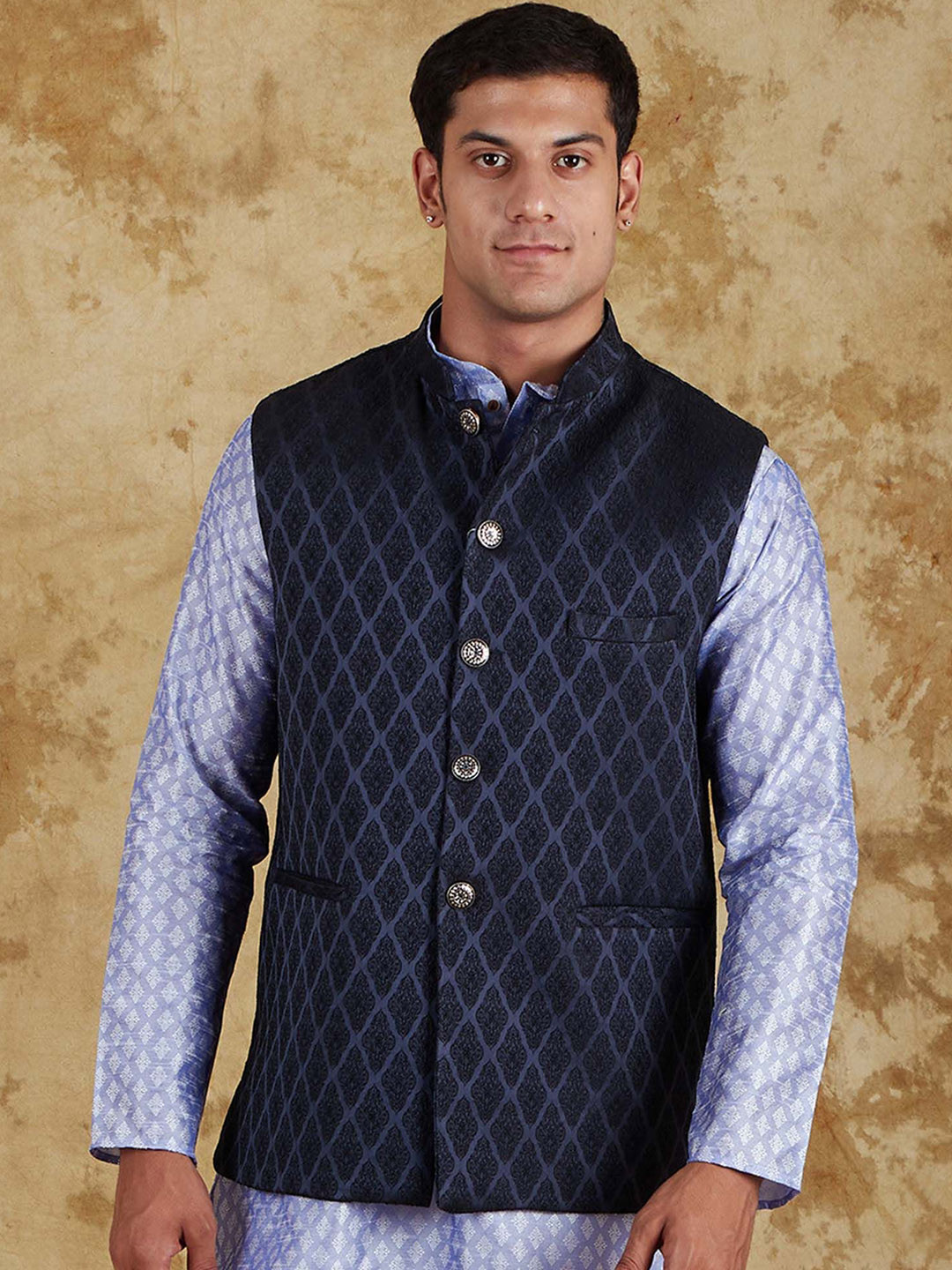 

BLUESAANCHI Woven Design i Jacquard Waistcoat indigo dye for men's Nehru Jackets, Blue