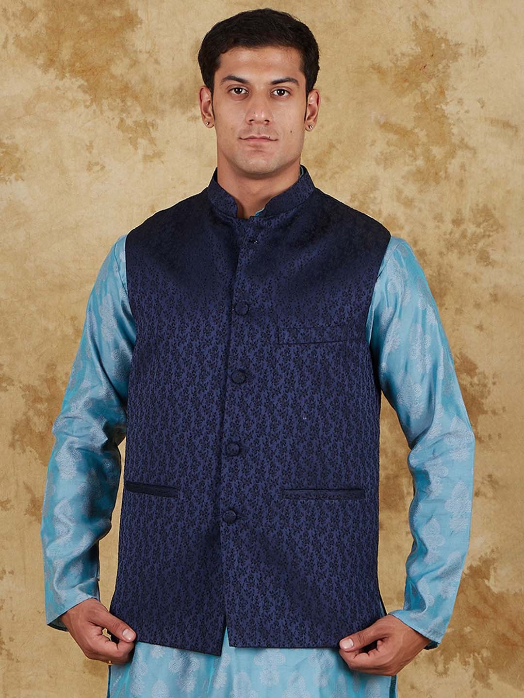 

BLUESAANCHI Men Woven Design Nehru Jacket, Blue