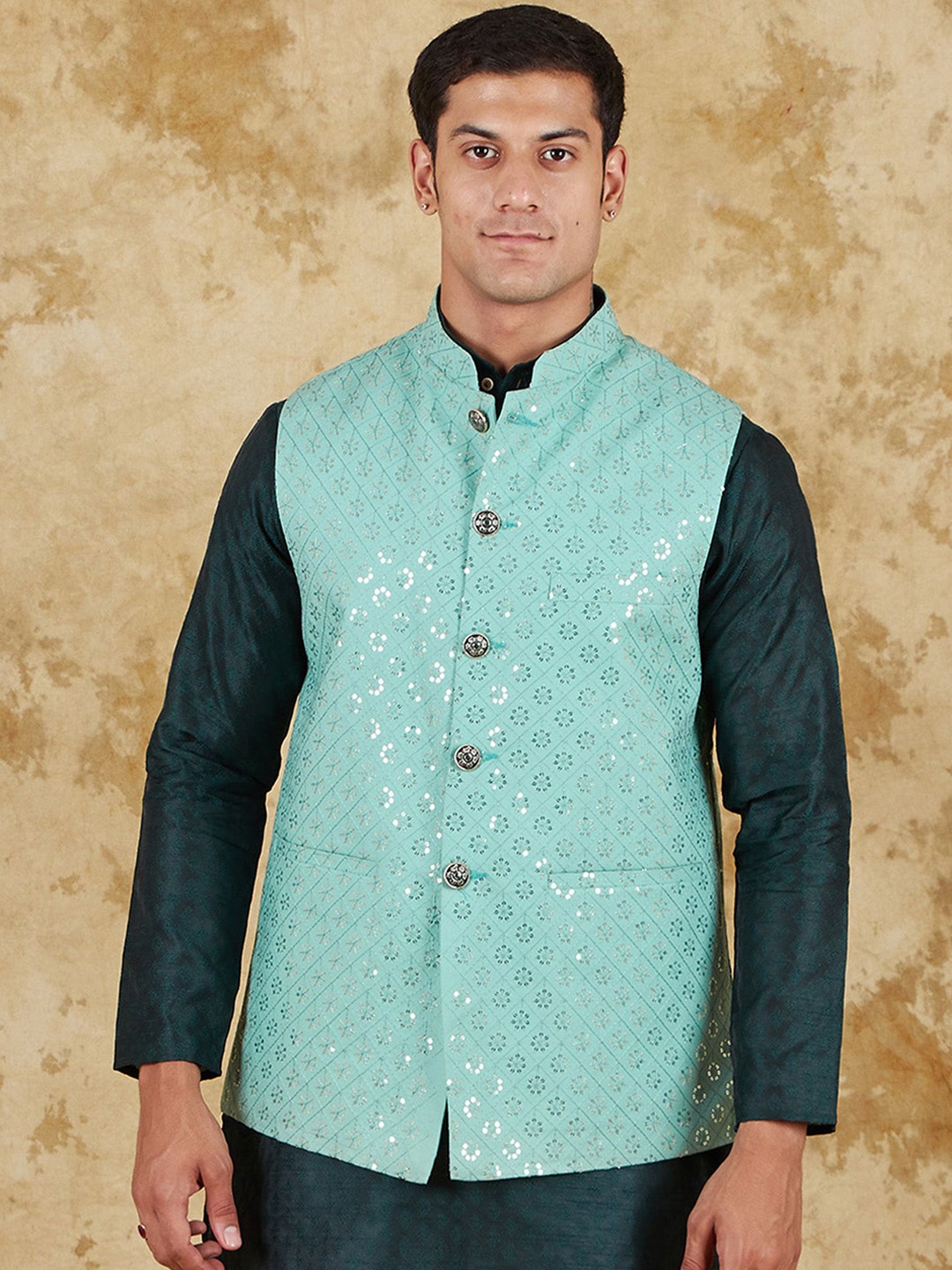 

BLUESAANCHI Embellished Satin Jacquard Waistcoat mint green for men's Nehru Jackets