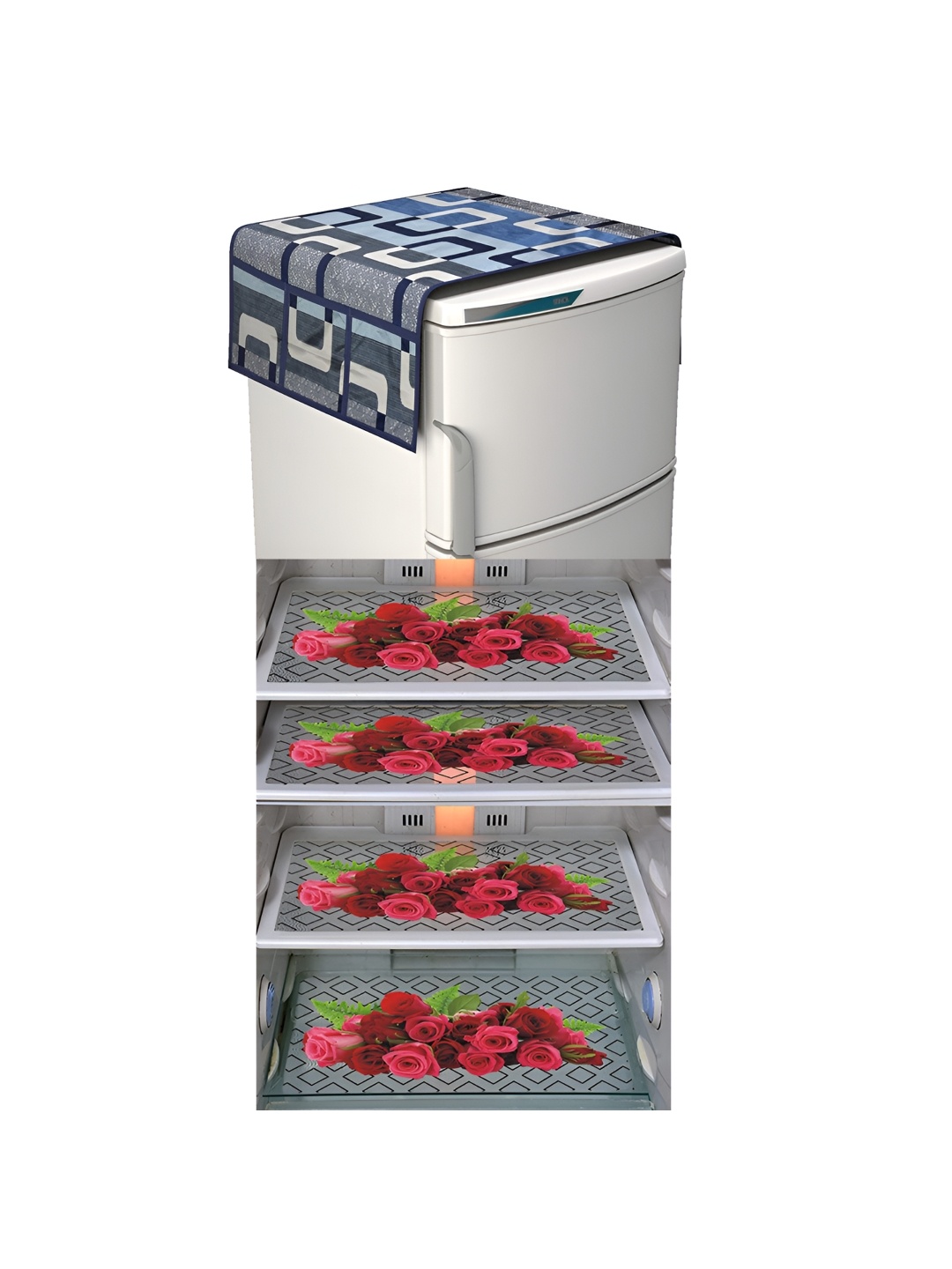 

LooMantha White & Blue 5 Pieces Printed Fridge Cover With Fridge Mat, Red