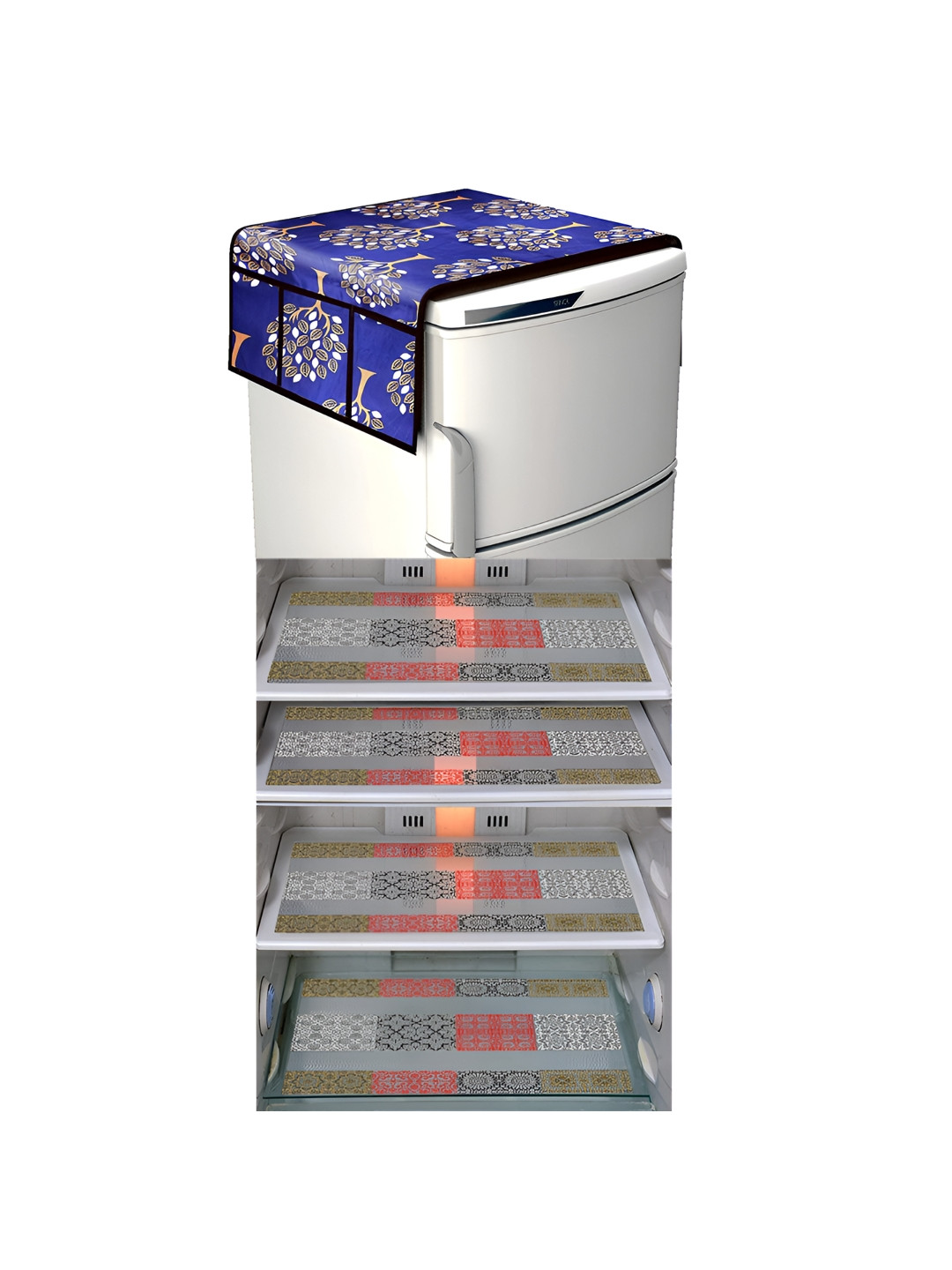 

LooMantha Blue & Red 5 Pieces Printed Fridge Appliance Cover & Mat