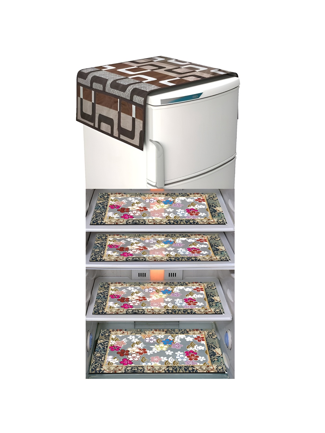 

LooMantha Brown & White 5 Pieces Printed Fridge Mats & Fridge Top Cover