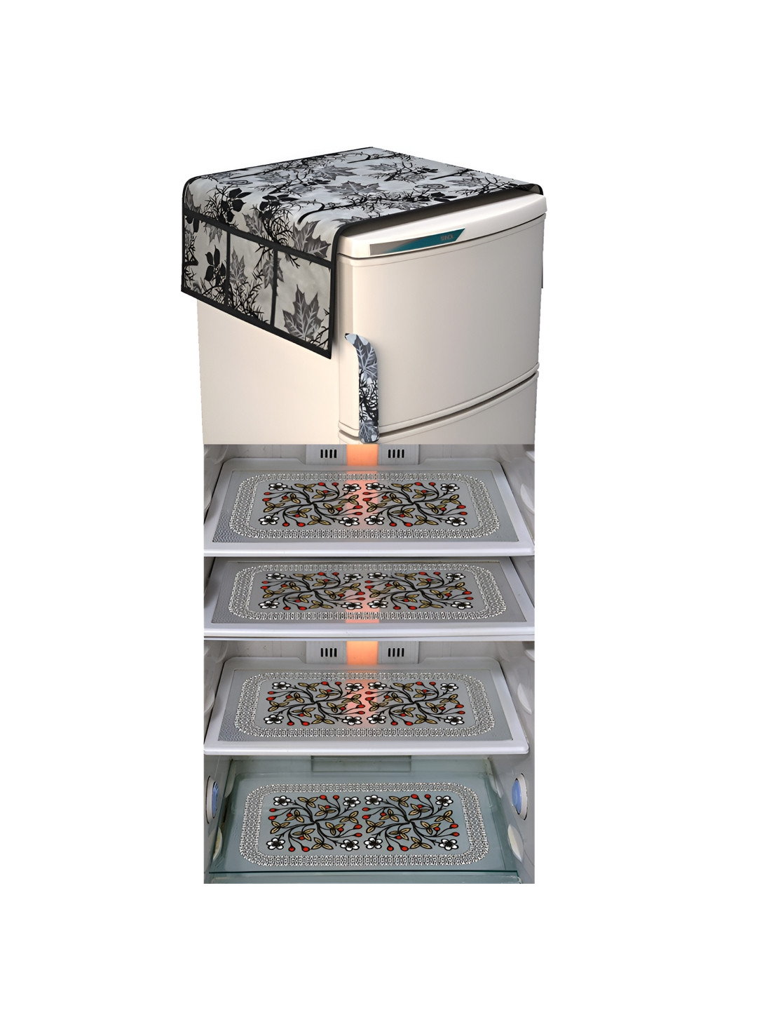 

LooMantha Grey & Black 5 Pieces Printed Fridge Cover With Mats