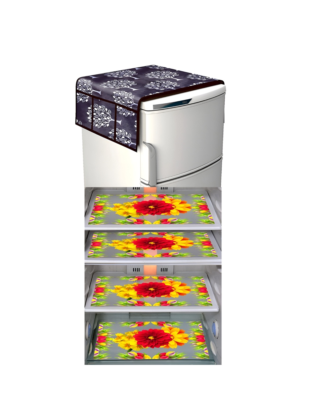 

LooMantha Grey & Yellow 5 Pieces Printed Fridge Cover With Fridge Mats