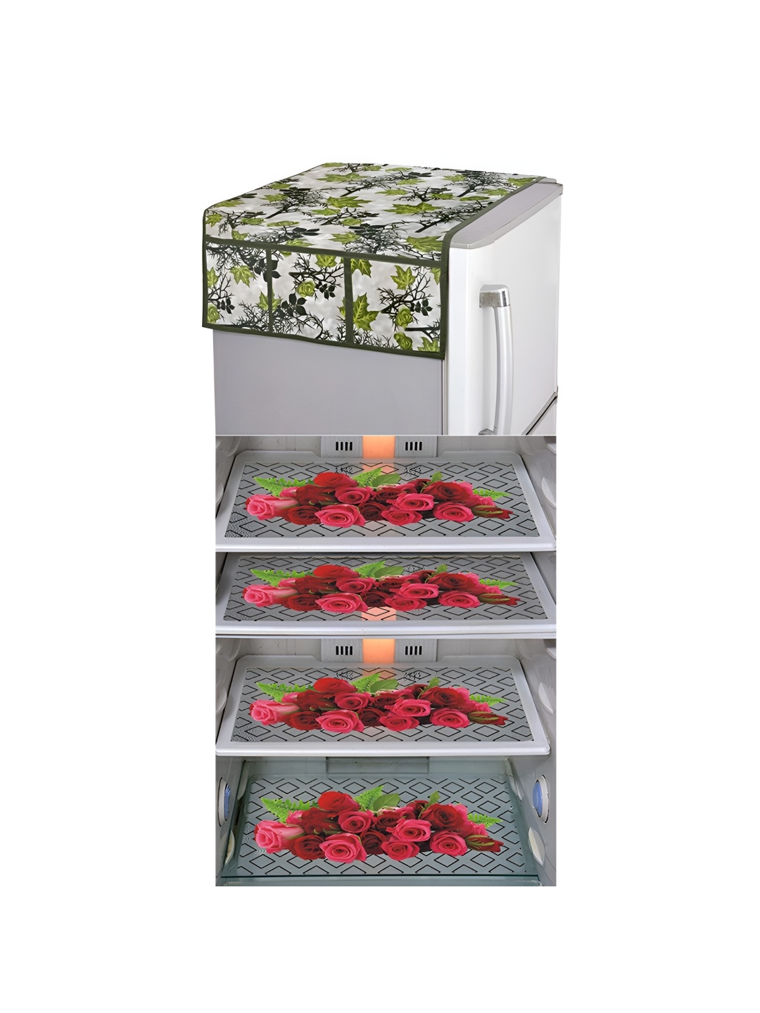 LooMantha White & Green 5 Pieces Printed Fridge Appliance Covers