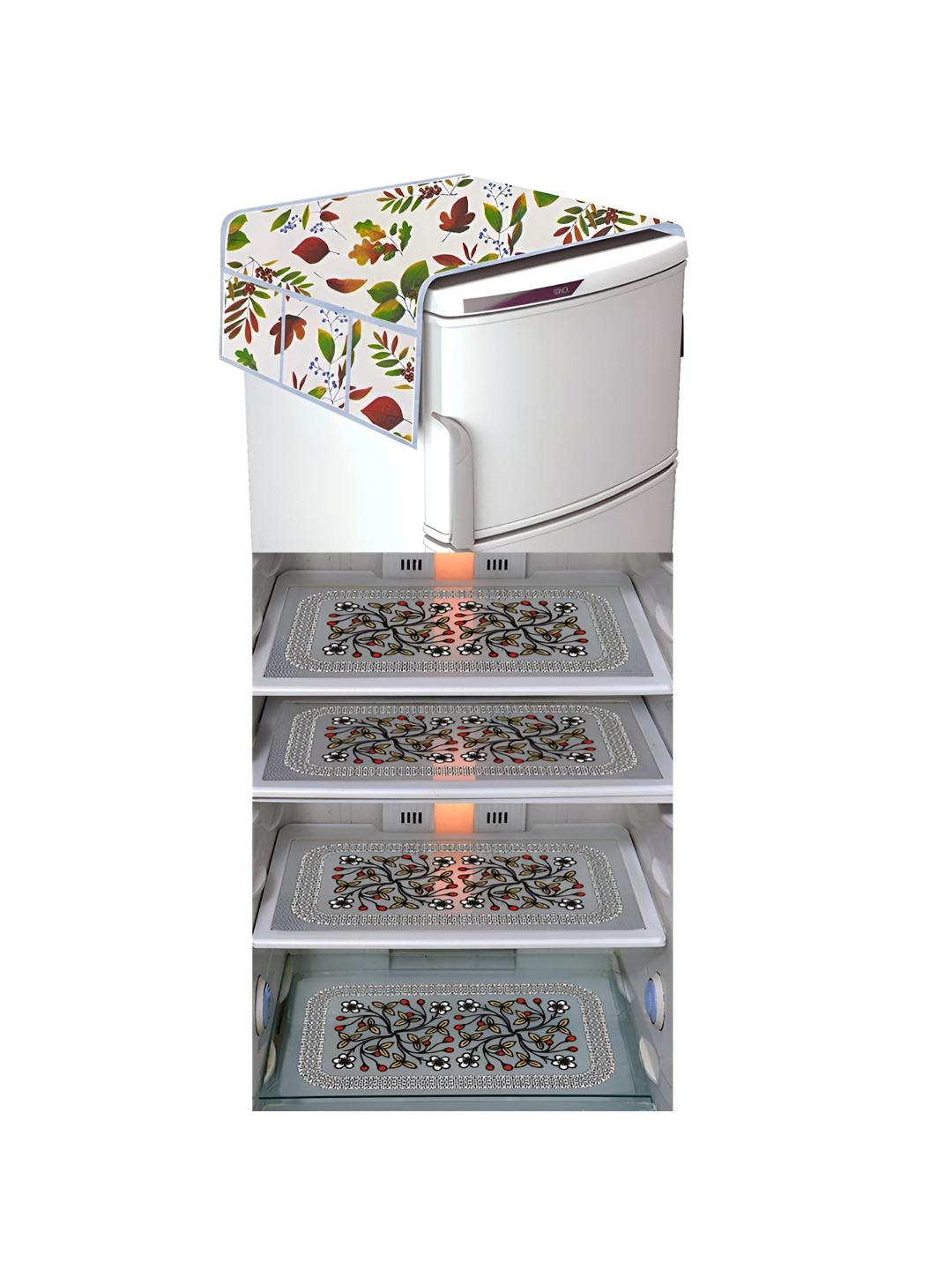 

LooMantha White & Red 5 Pieces Printed Fridge Cover & Fridge Mats