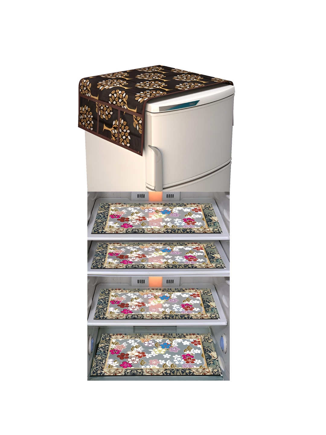 

LooMantha Brown & White 5 Pieces Printed Fridge Mats & Fridge Top Cover