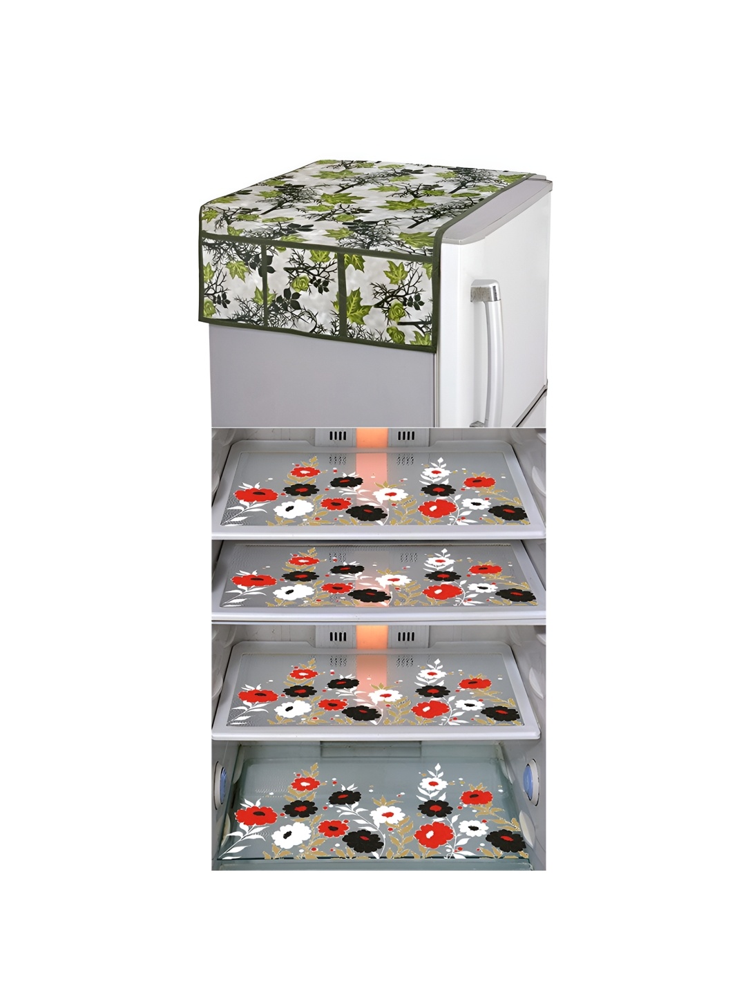 

LooMantha Green & Red 5 Pieces Printed Fridge Cover & Fridge Mats