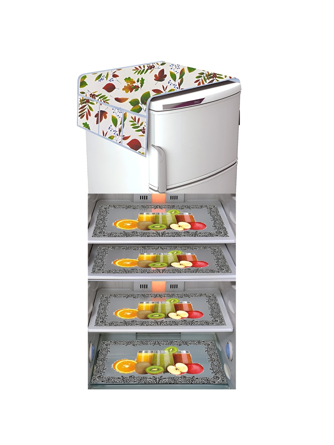 

LooMantha White & Red 5 Pieces Printed Fridge Mats & Fridge Top Cover