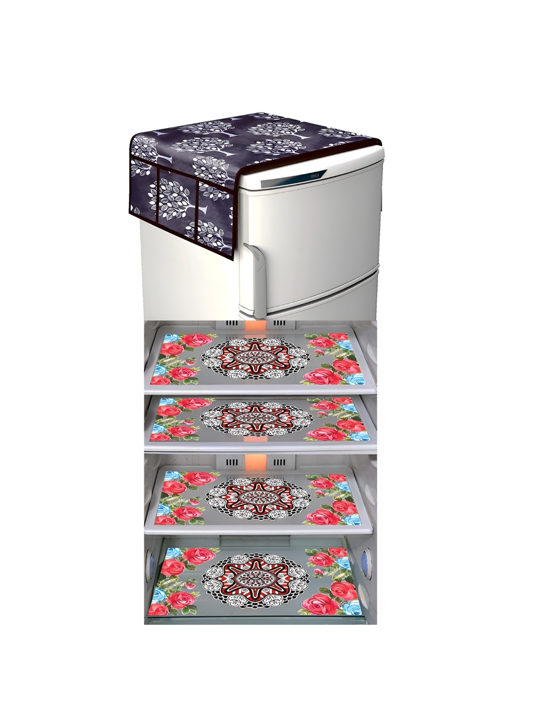 

LooMantha Grey & Red 5 Pieces Printed Fridge Cover & Fridge Mats