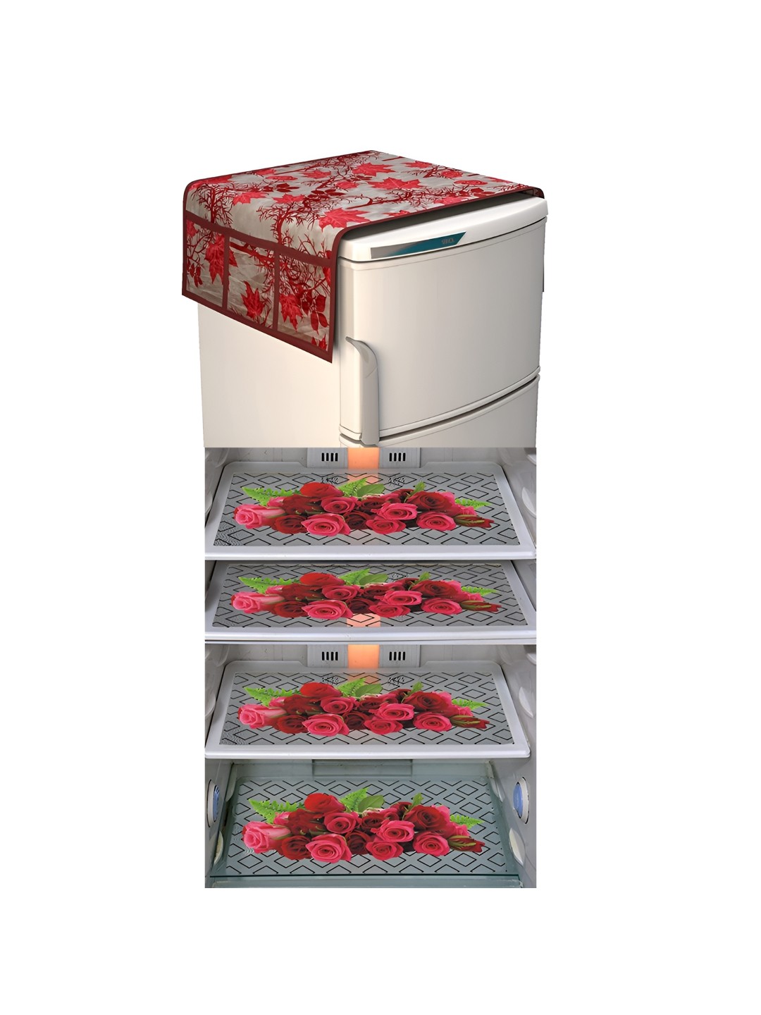 

LooMantha Maroon & Grey 5 Pieces Printed Fridge Cover With Side Storage & Fridge Mat