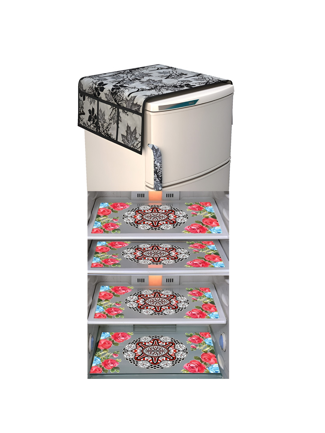 

LooMantha Black & Red 5 Pieces Floral Printed Fridge Mat and Fridge Top Cover