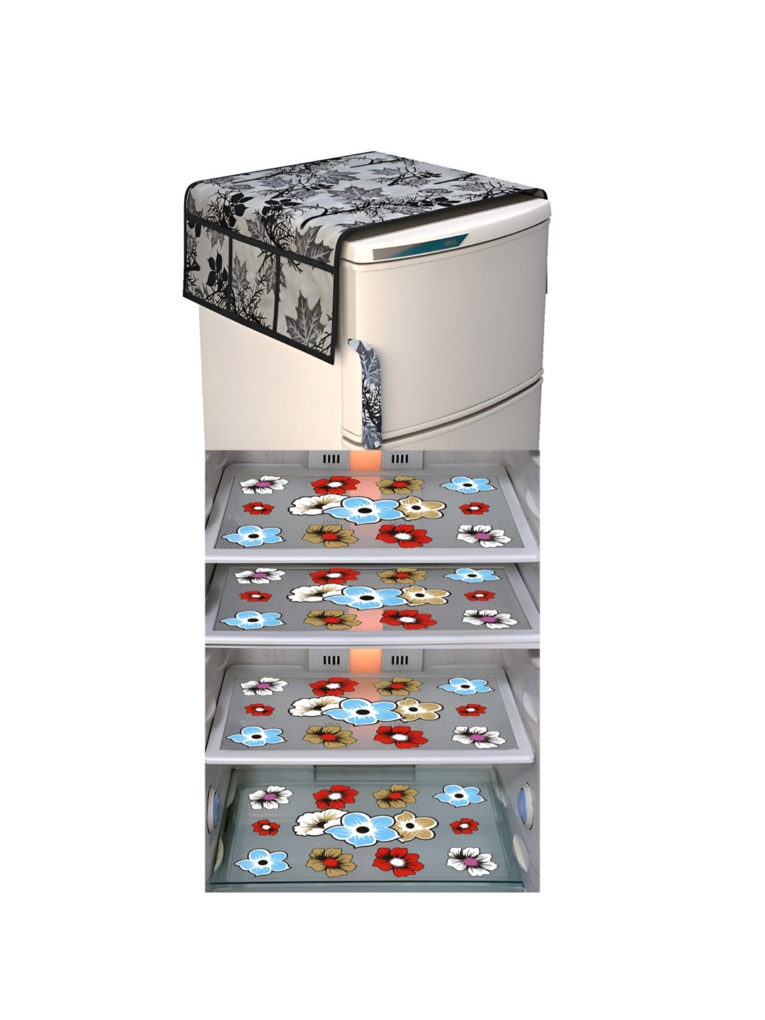 

LooMantha Black & Grey 5 Pieces Printed Fridge Cover With Side Storage & Fridge Mats