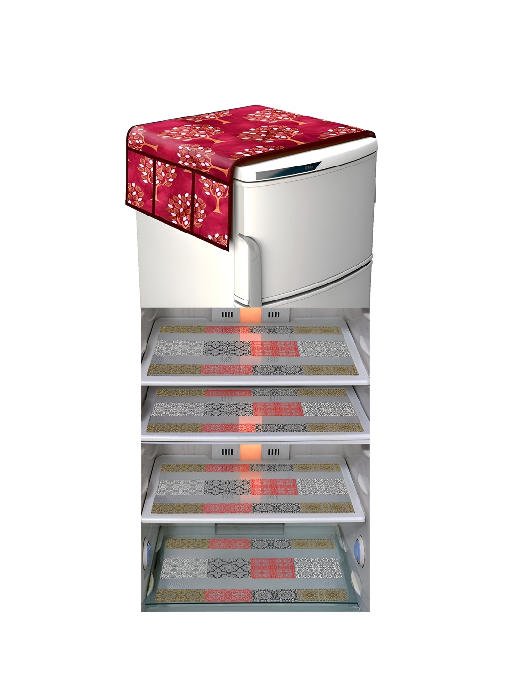 LooMantha Maroon & Black 5 Pieces Printed Fridge Cover & Fridge Mats