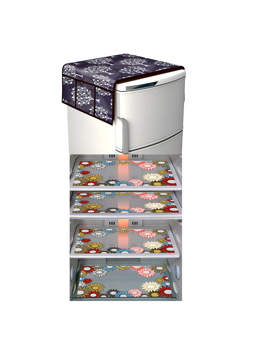 

LooMantha Grey & Yellow 5 Pieces Printed Fridge Cover With Side Storage & Fridge Mats