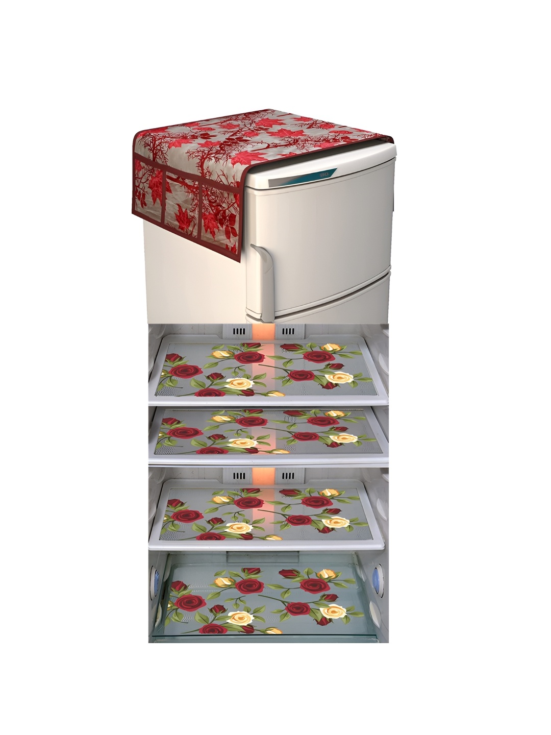 

LooMantha Maroon & Yellow 5 Pieces Floral Printed Fridge Mats and Fridge Top Cover