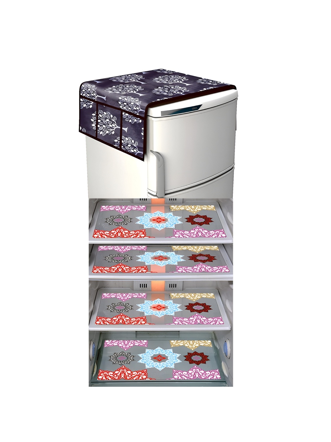 

LooMantha Grey & Brown 5 Pieces Floral Printed Fridge Mats and Fridge Top Cover