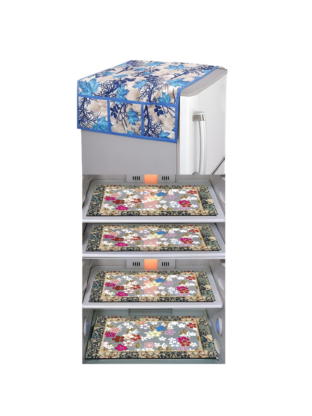 

LooMantha Blue & White 5 Pieces Floral Printed Fridge Mats & Fridge Top Cover