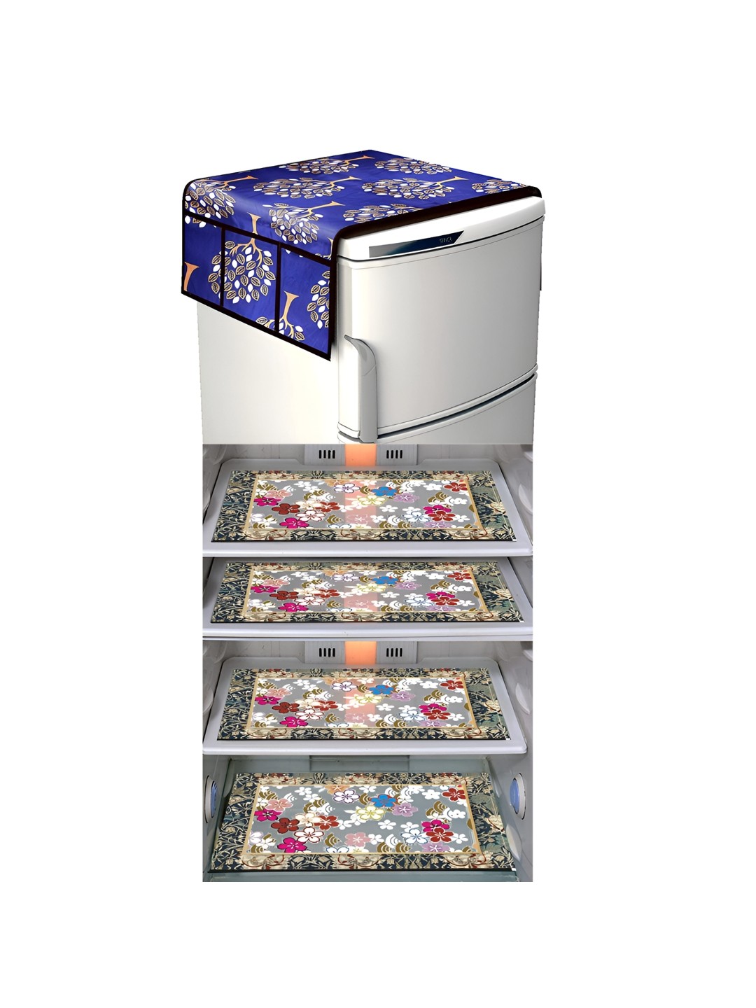 

LooMantha Blue & Beige 5 Pieces Floral Printed Fridge Mat and Fridge Top Covers