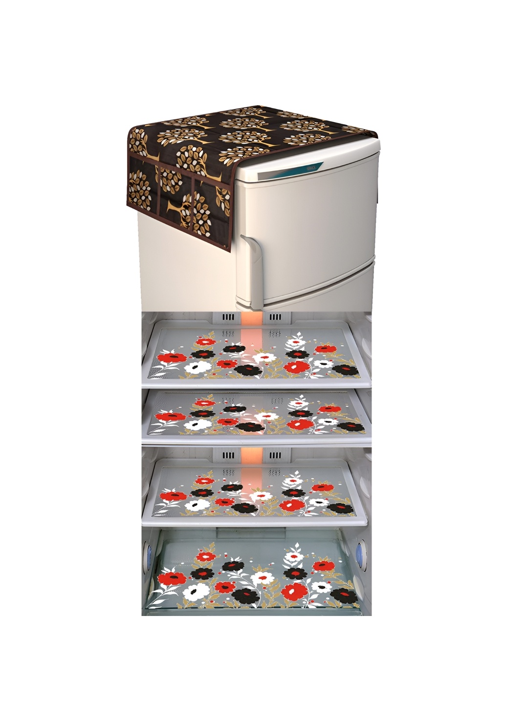 

LooMantha Brown & Red 5 Pieces Floral Printed Fridge Mats & Fridge Top Cover