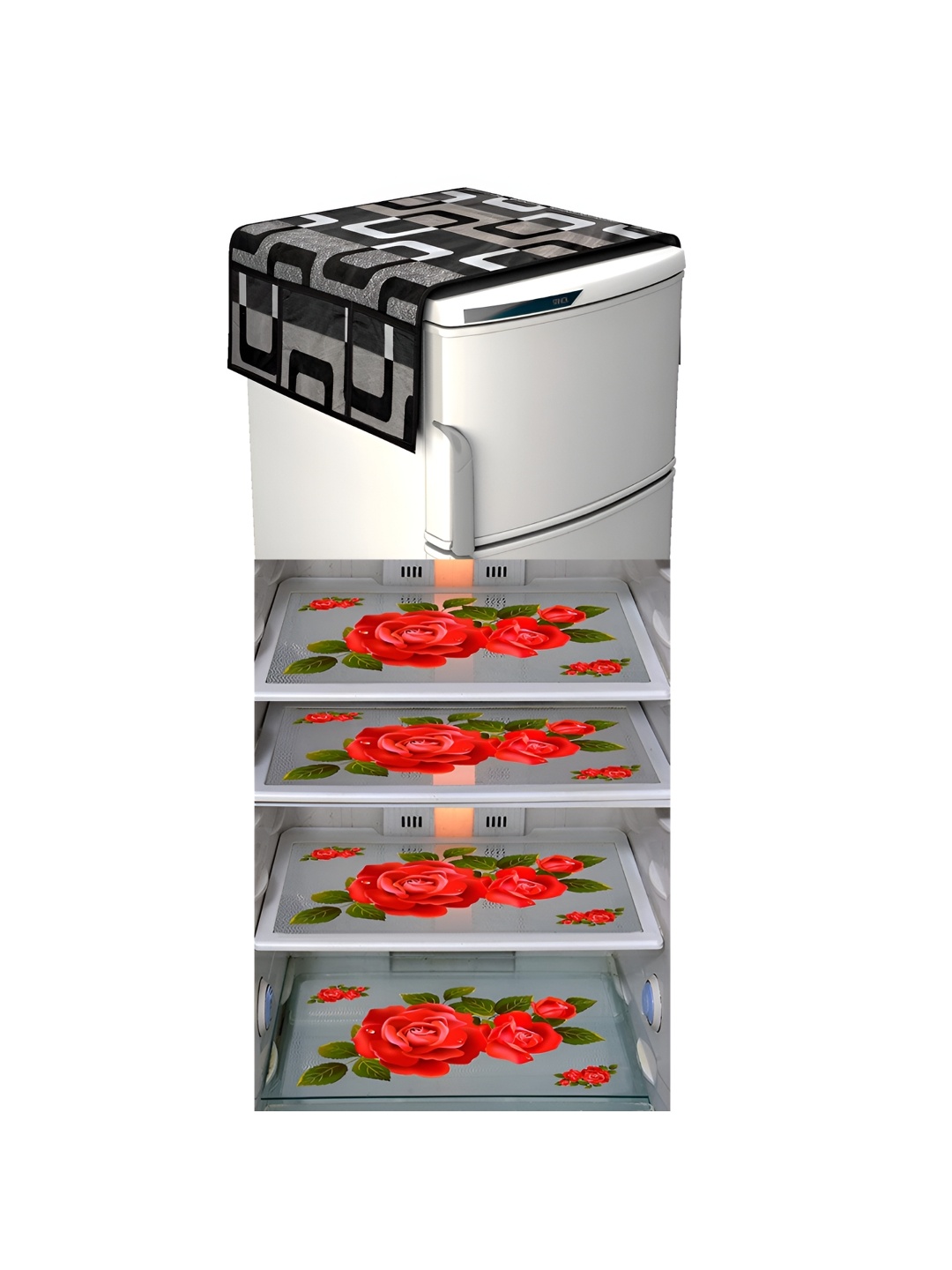 

LooMantha Black & Red 5 Pieces Printed Fridge Cover With Side Storage & Fridge Mat