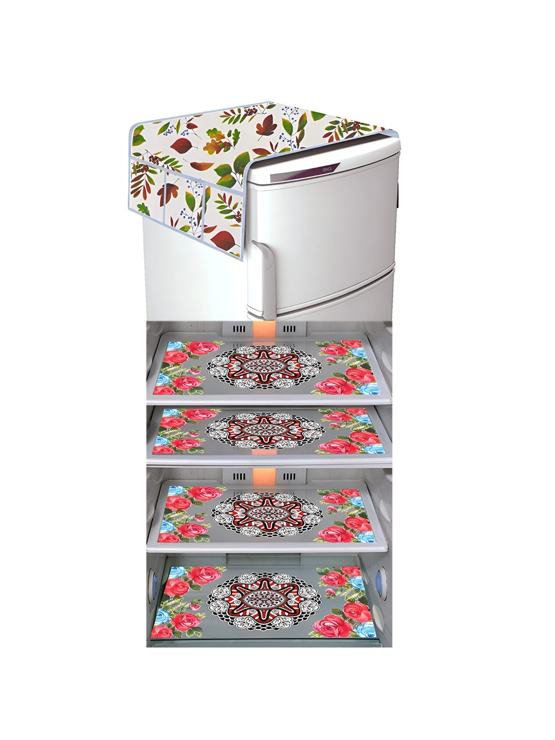 LooMantha Green & Beige 5 Pieces Printed Fridge Cover With Side Storage & Fridge Mats