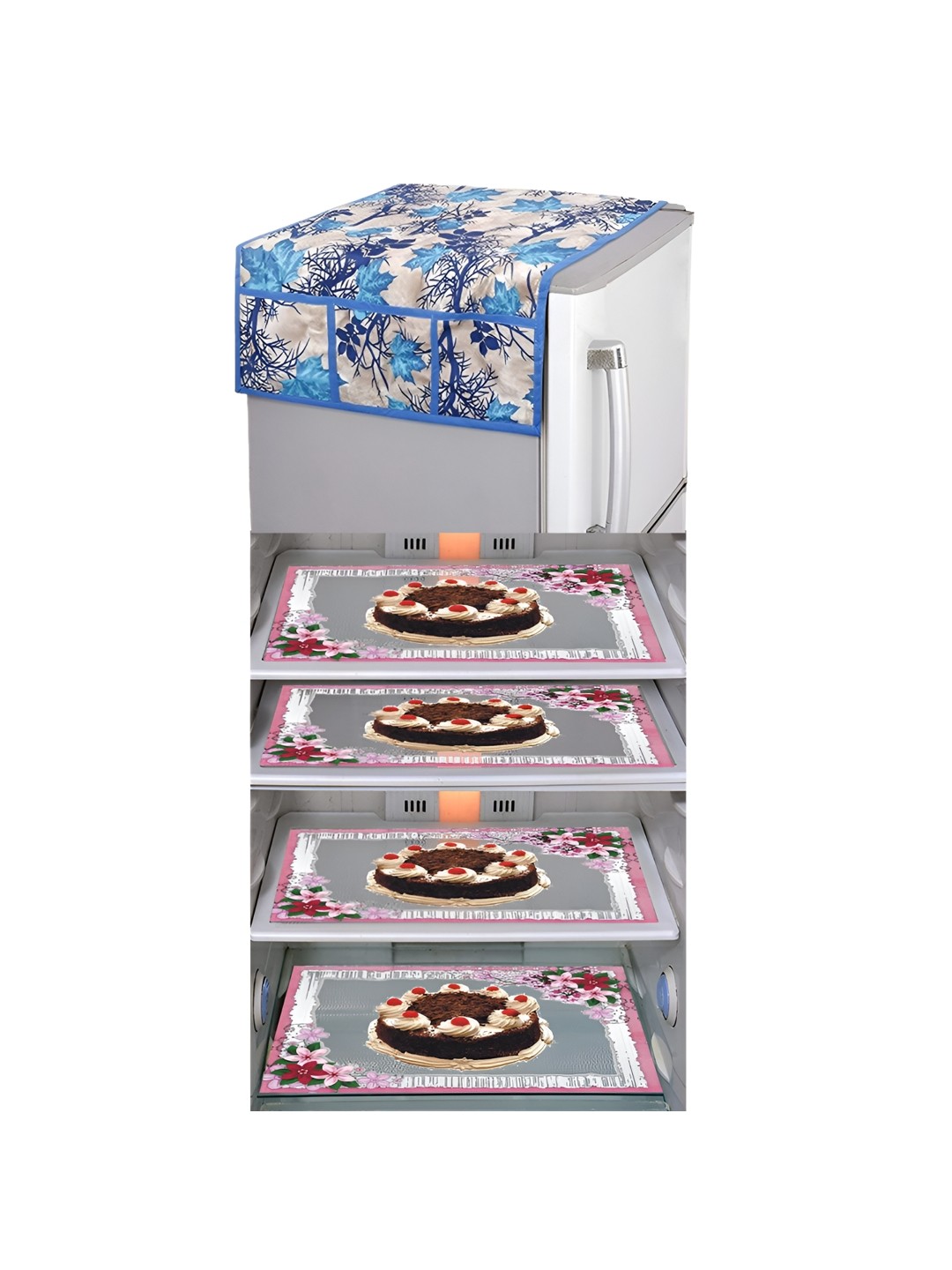

LooMantha Blue & Beige 5 Pieces Floral Printed Fridge Mat and Fridge Top Cover