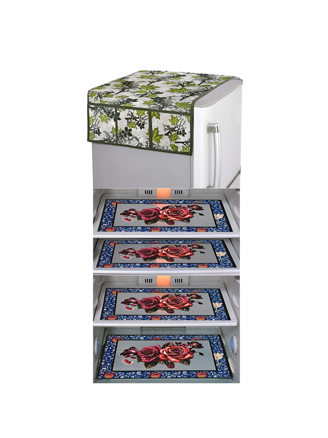 

LooMantha Green & Brown 5 Pieces Printed Fridge Cover With Side Storage & Fridge Mats