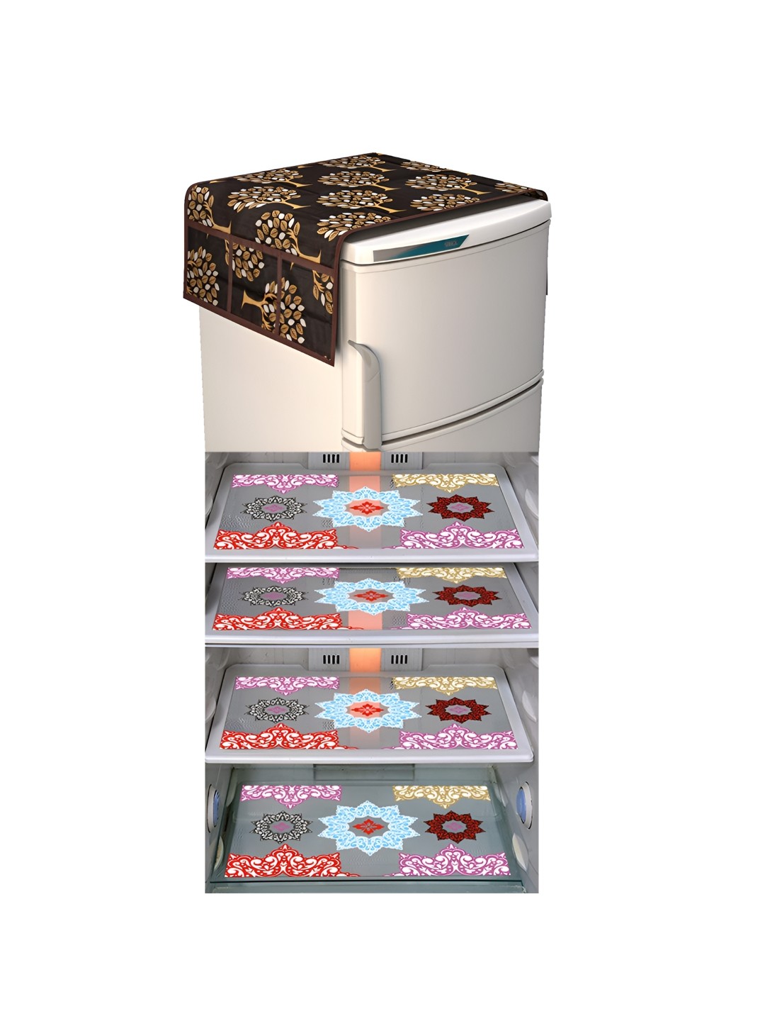 

LooMantha Brown & Blue 5 Pieces Printed Fridge Cover With Side Storage & Fridge Mat