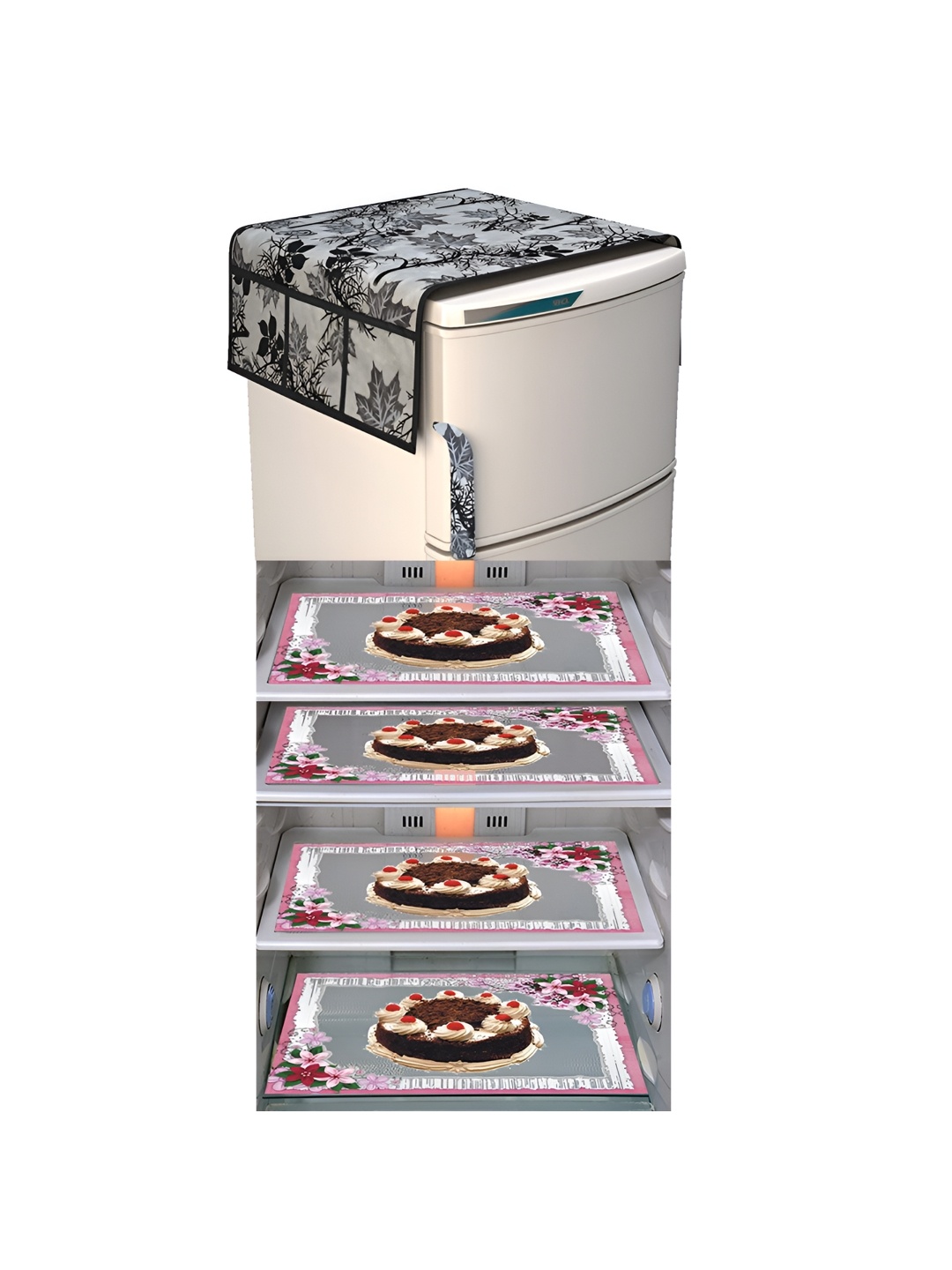 LooMantha Grey & Pink 5 Pieces Floral Printed Fridge Appliance Covers Set, Transparent